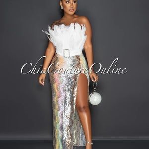 COSTER OFF-WHITE FEATHER RHINESTONES BUCKLE SEQUINS HEM BODYSUIT DRESS